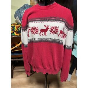 St Johns Bay Men's‎ Red Deer Snowflake Fair Isle Knit Sweater L 100% Cotton